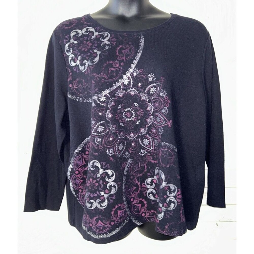 Catherines Sz 3X Black Pink Waffle Knit Medallion Print Top Sparkle Cotton EUC